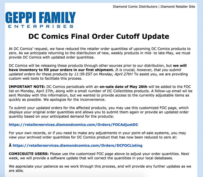 DC Comics Diamond Cancel